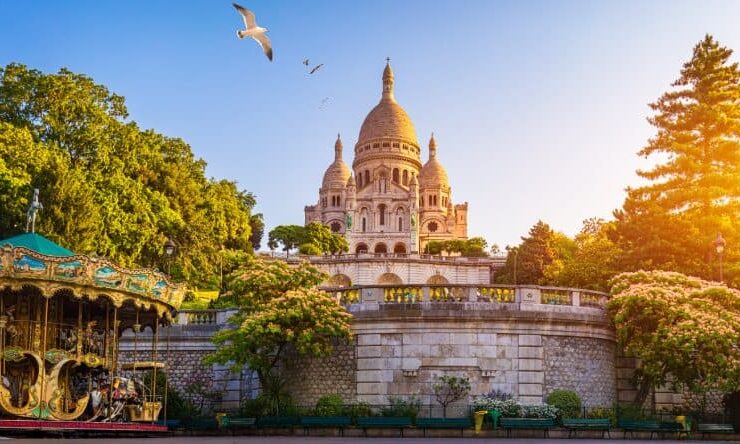 The Sacre Coeur Basilica is located at the highest point in Paris, on Montmartre Hill.