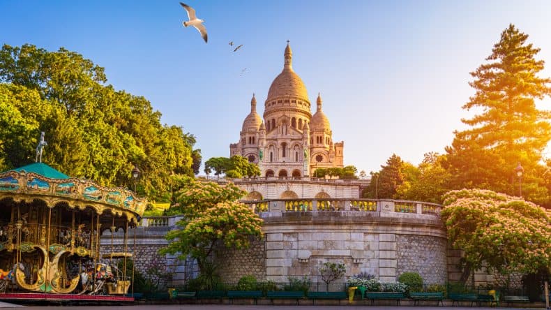 The Sacre Coeur Basilica is located at the highest point in Paris, on Montmartre Hill.